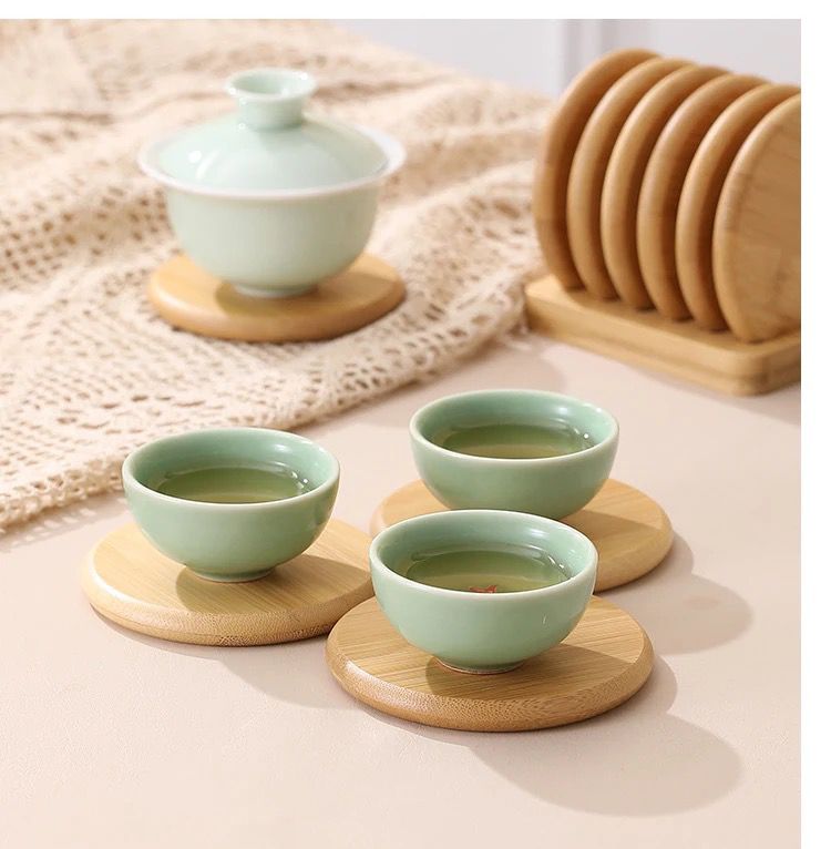 Eco friendly Heavy Duty Bamboo Coasters 6pcs + 1Holder Rack