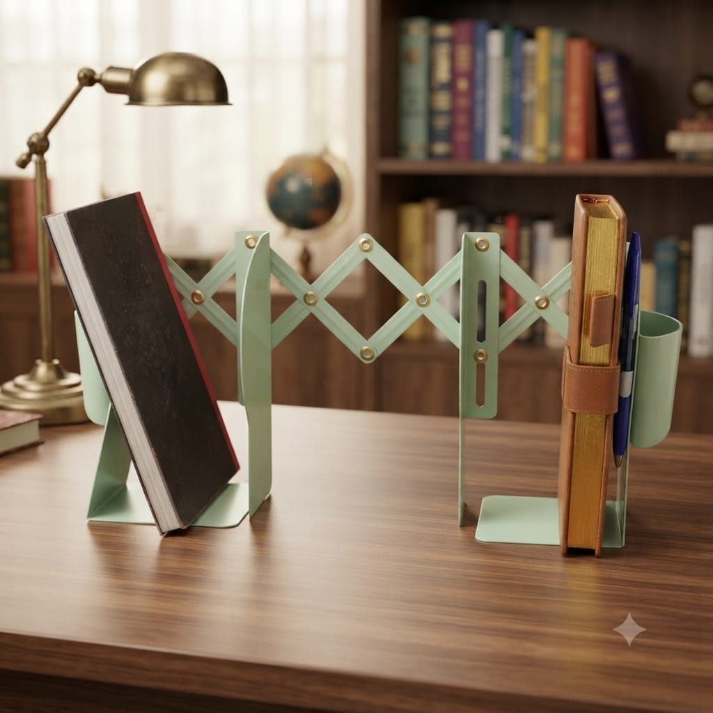Expandable metallic bookshelf with pen holder