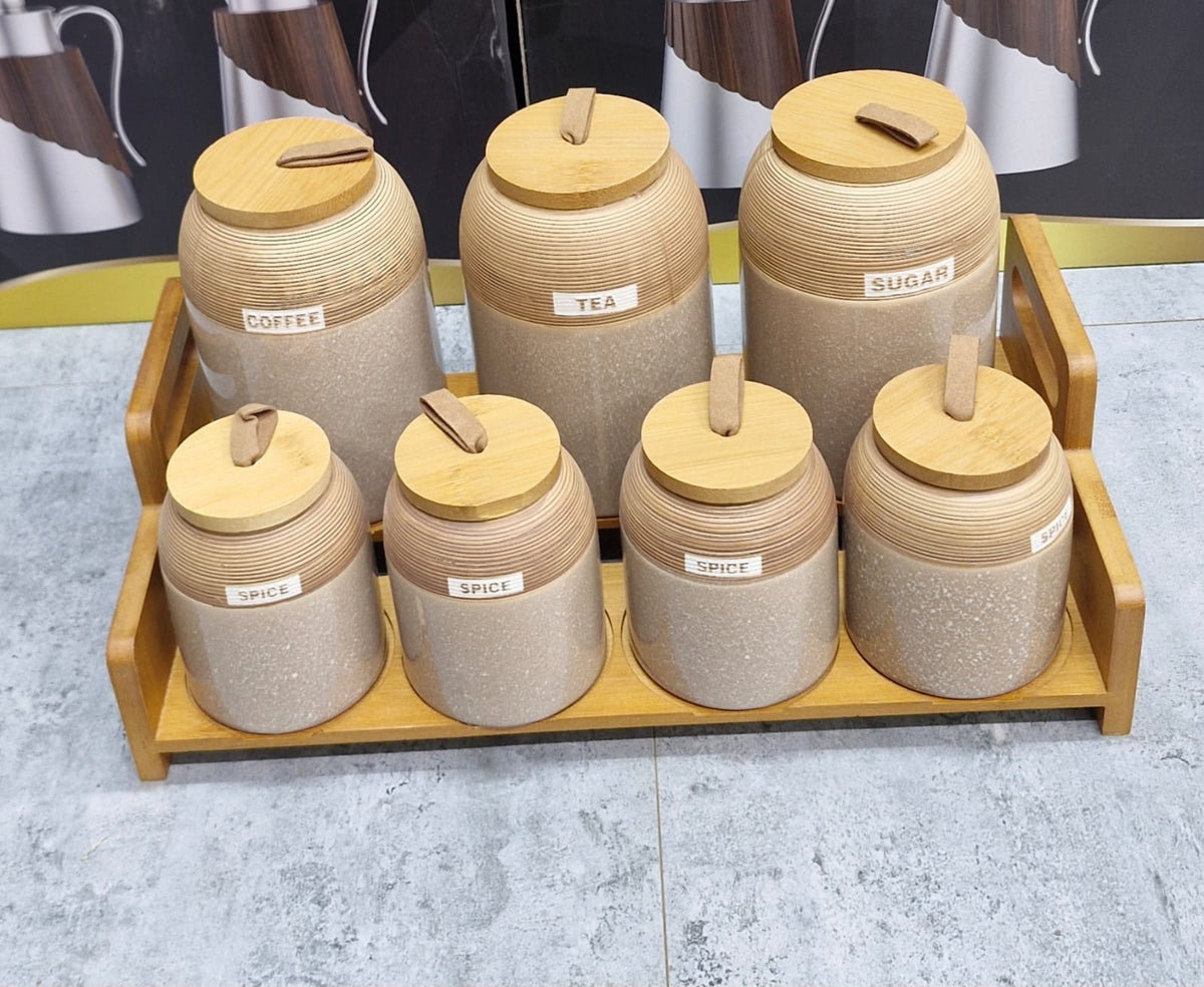 7pc Speckled Ceramic Spice set with Wooden Stand