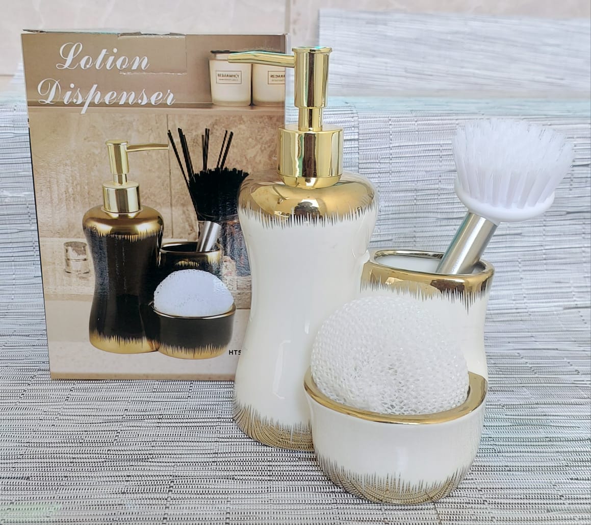Combined 3 level ceramic lotion / soap dispenser with 2 slots brush and wash pad
Pmbz