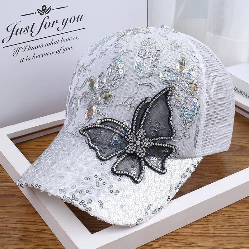 *Fashion Mesh Women's Baseball Cap Breathable Black Rhinestone Sun Hat Butterfly