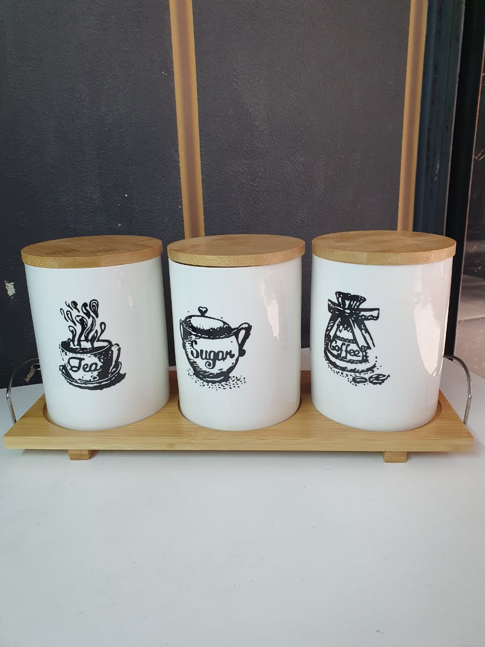 3pcs Ceramic Canisters Set with Bamboo Stand