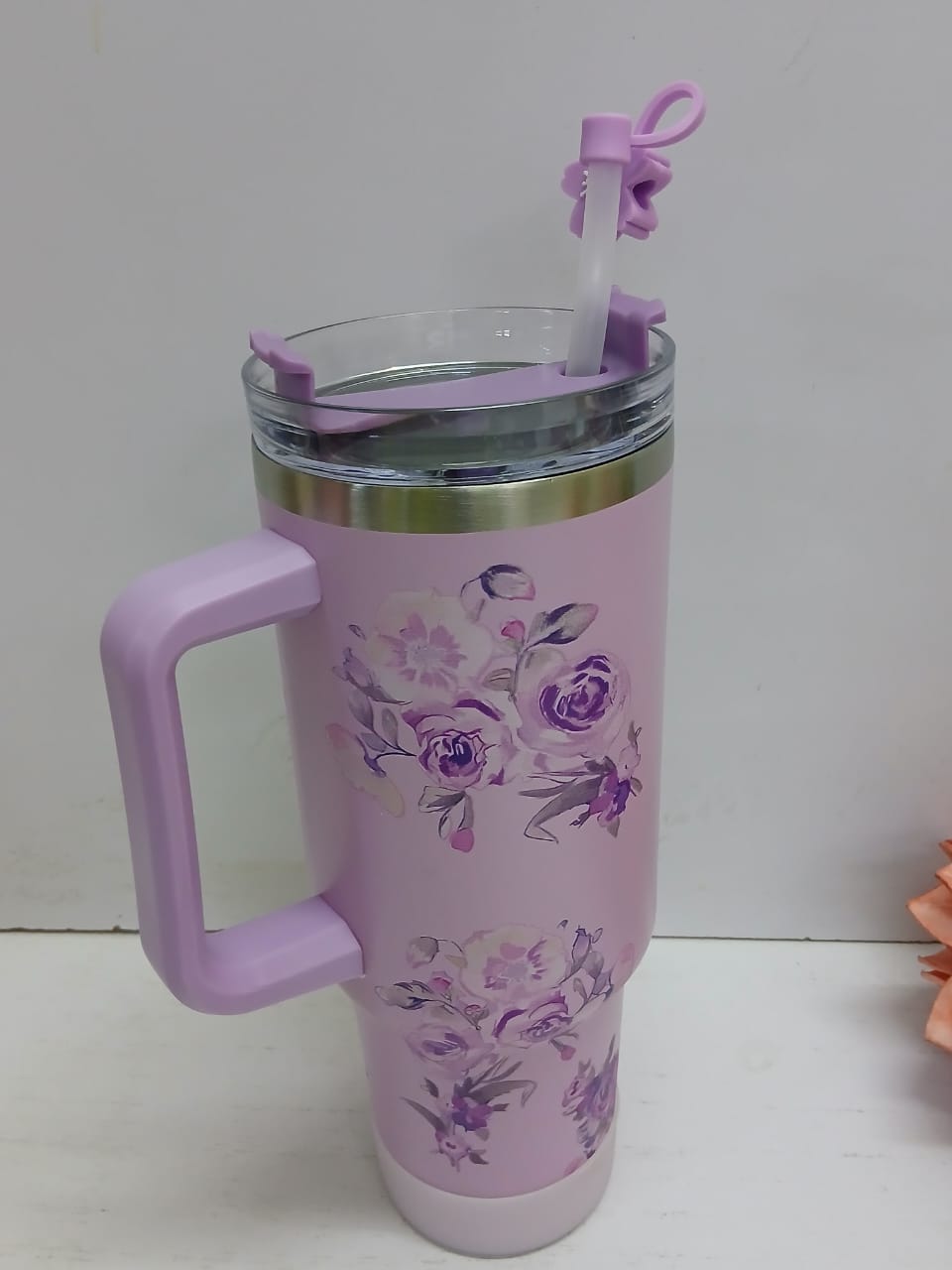 Stanley flowered Stainless steel large capacity handled both cold and hot insulated cup with plastic straw