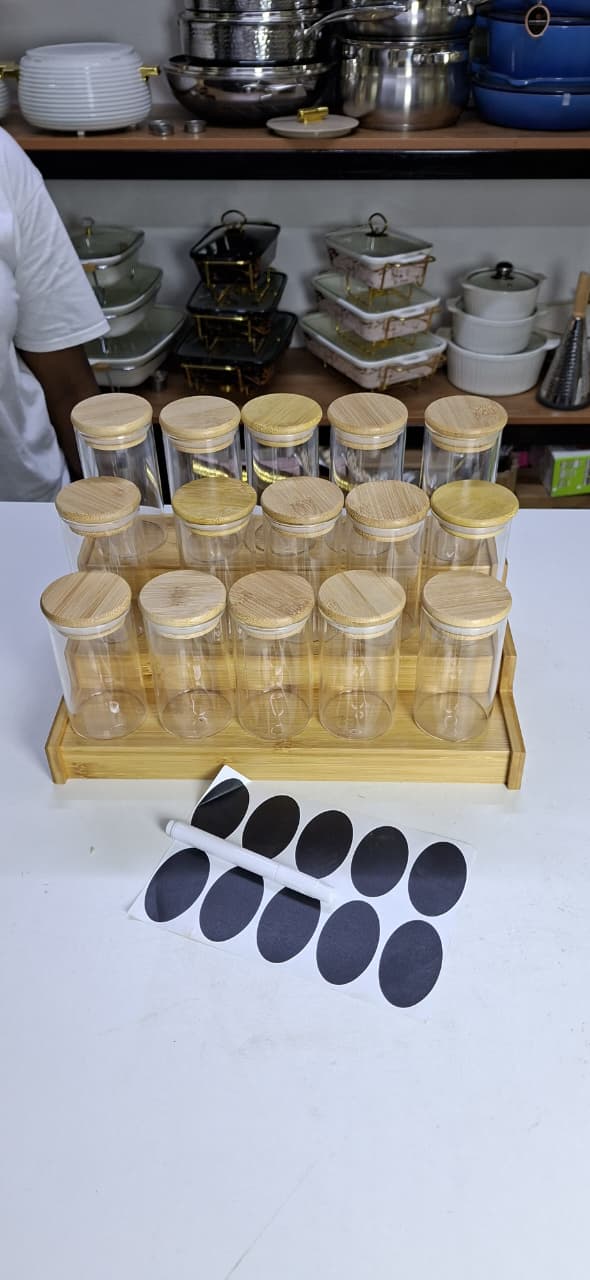 15pcs Glass Spice Jar set with a Wooden Bamboo Stand