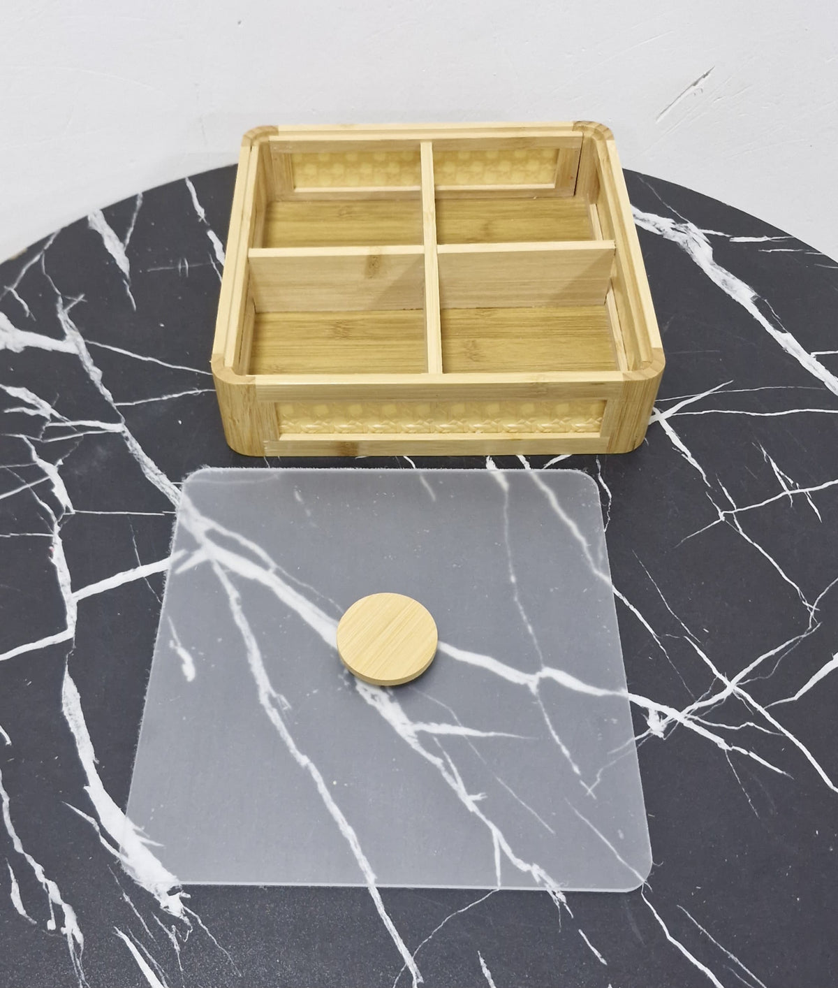 Premium square Bamboo 4-Section Tea / Snacks Tray with Lid.