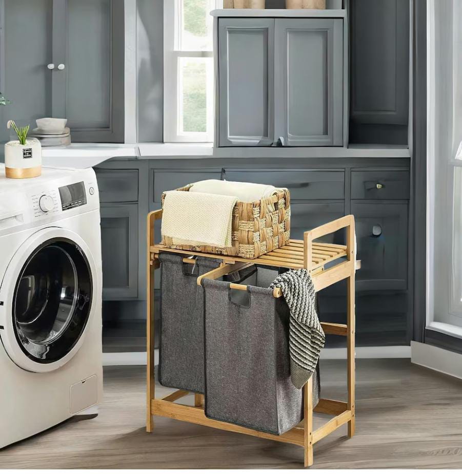 Bamboo twin partition laundry organizer with storage shelf