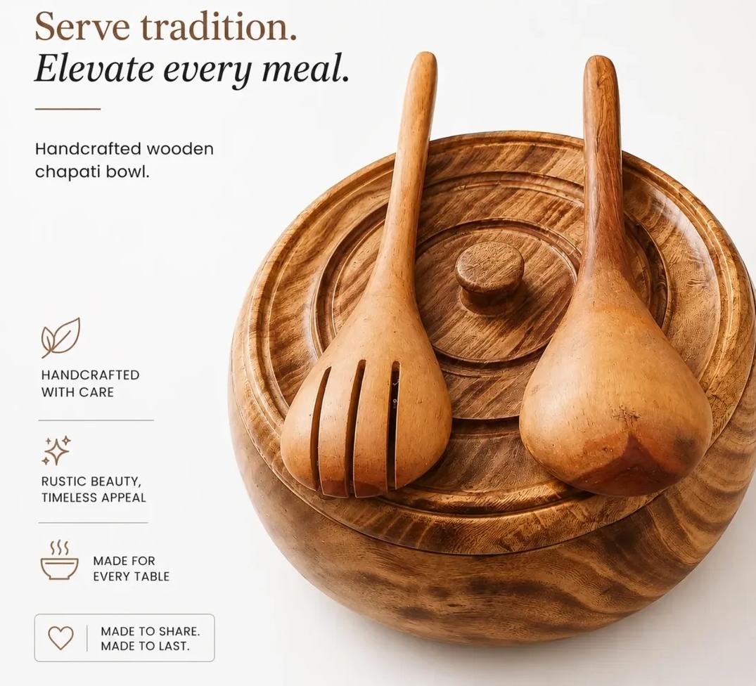 3 in1 12 inch WOODEN CRAFTED CHAPATI BOWL WITH A LID
