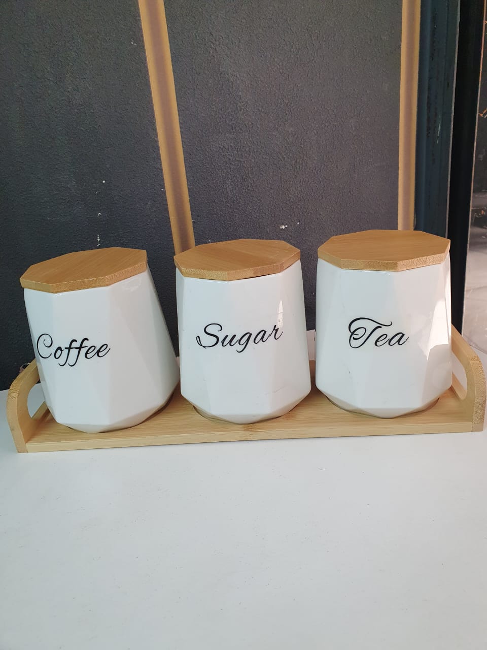 3pcs Ceramic Canisters Set with Bamboo Stand