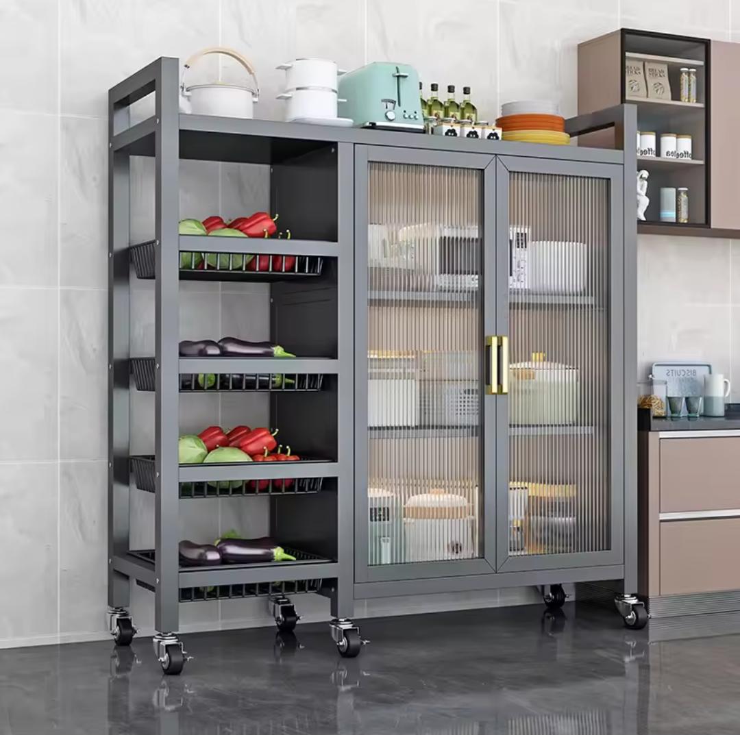 Food Pantry Cabinet for Kitchen with 3 Adjustable Shelves and 2 Acrylic Doors, Open Countertop with 3 Baskets for Storage for Kitchen and Dining Room