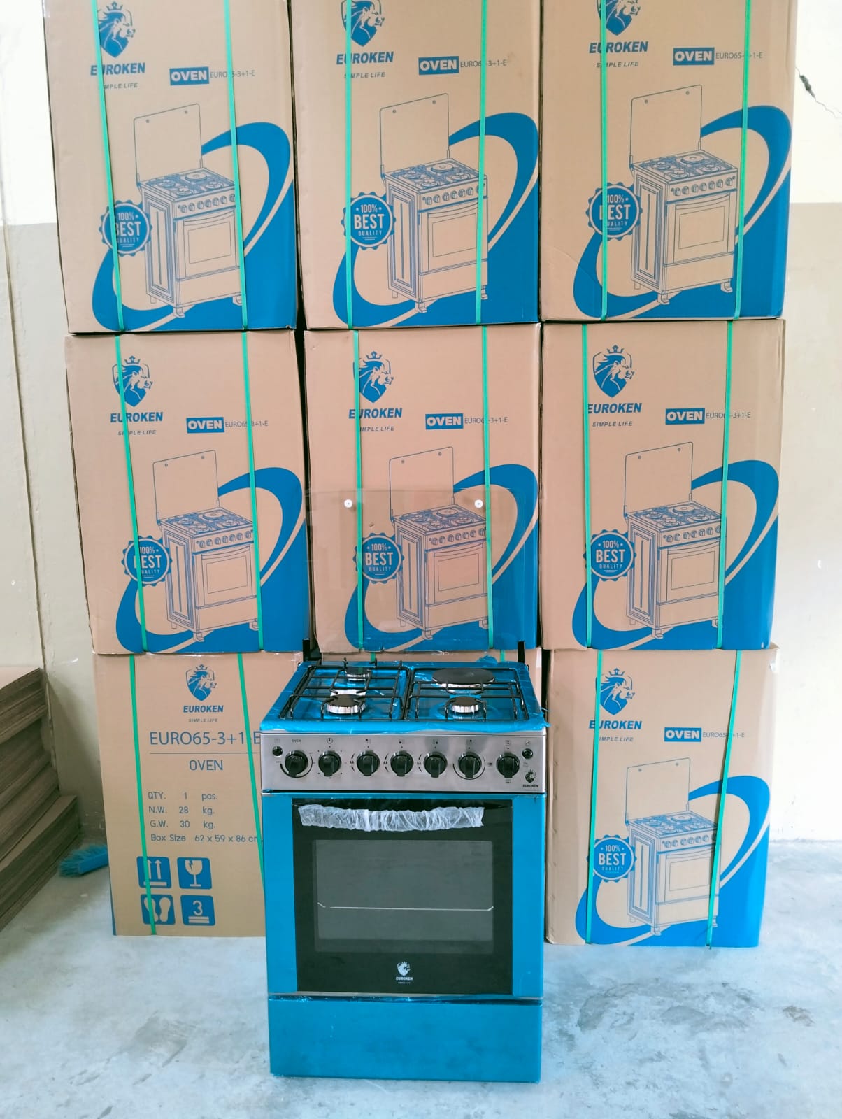 60*65 Euroken 3+1 standing cooker with electric double heater oven ,timer,light and auto ignation