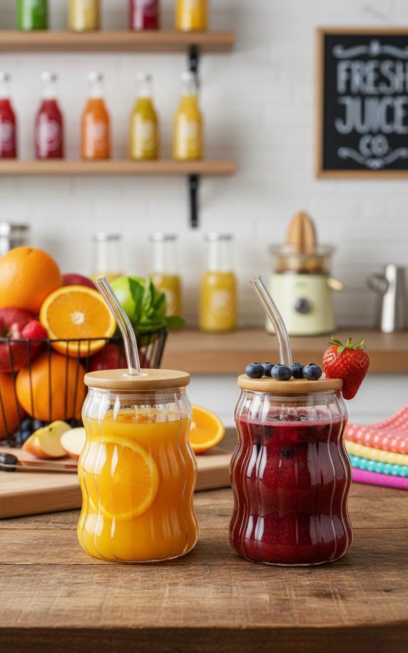 500ml Wave Shape Glass Tumbler with bamboo Lid and Straw