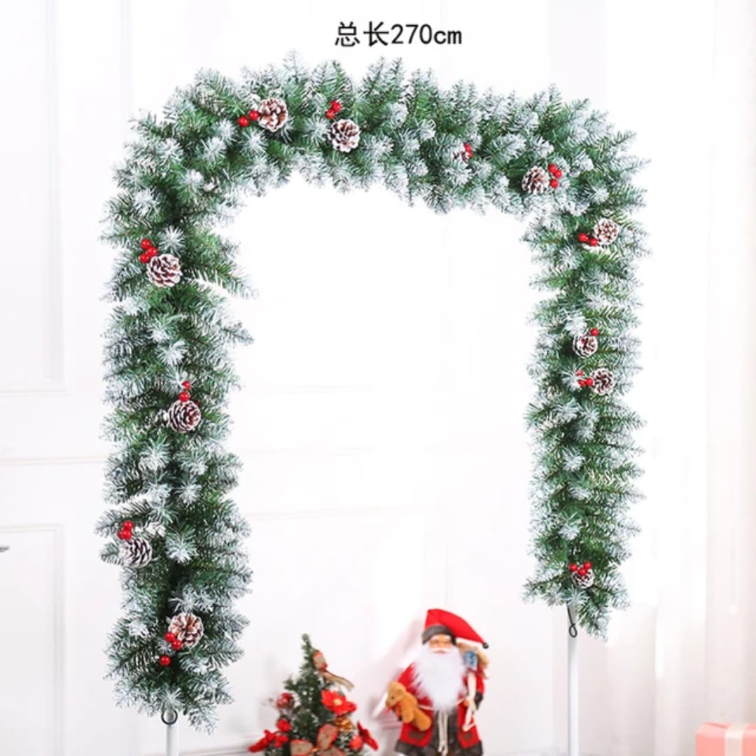 2.7M Decorated Christmas garland with PINE CONES AND RED BERRIES & SNOW TIPS