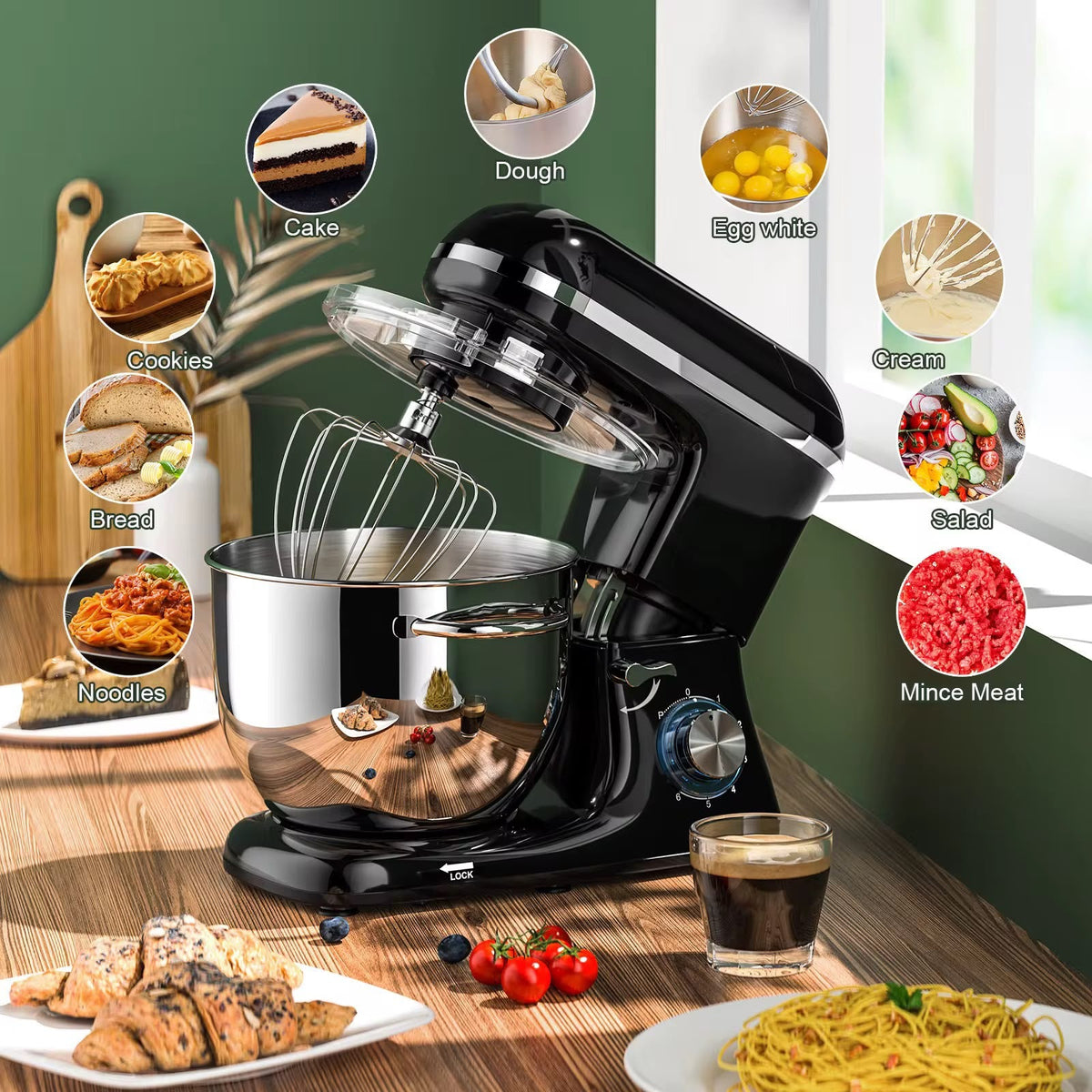 REKI Multipurpose Heavy duty commercial stand mixer, 6 liter capacity and black finish-1500W power