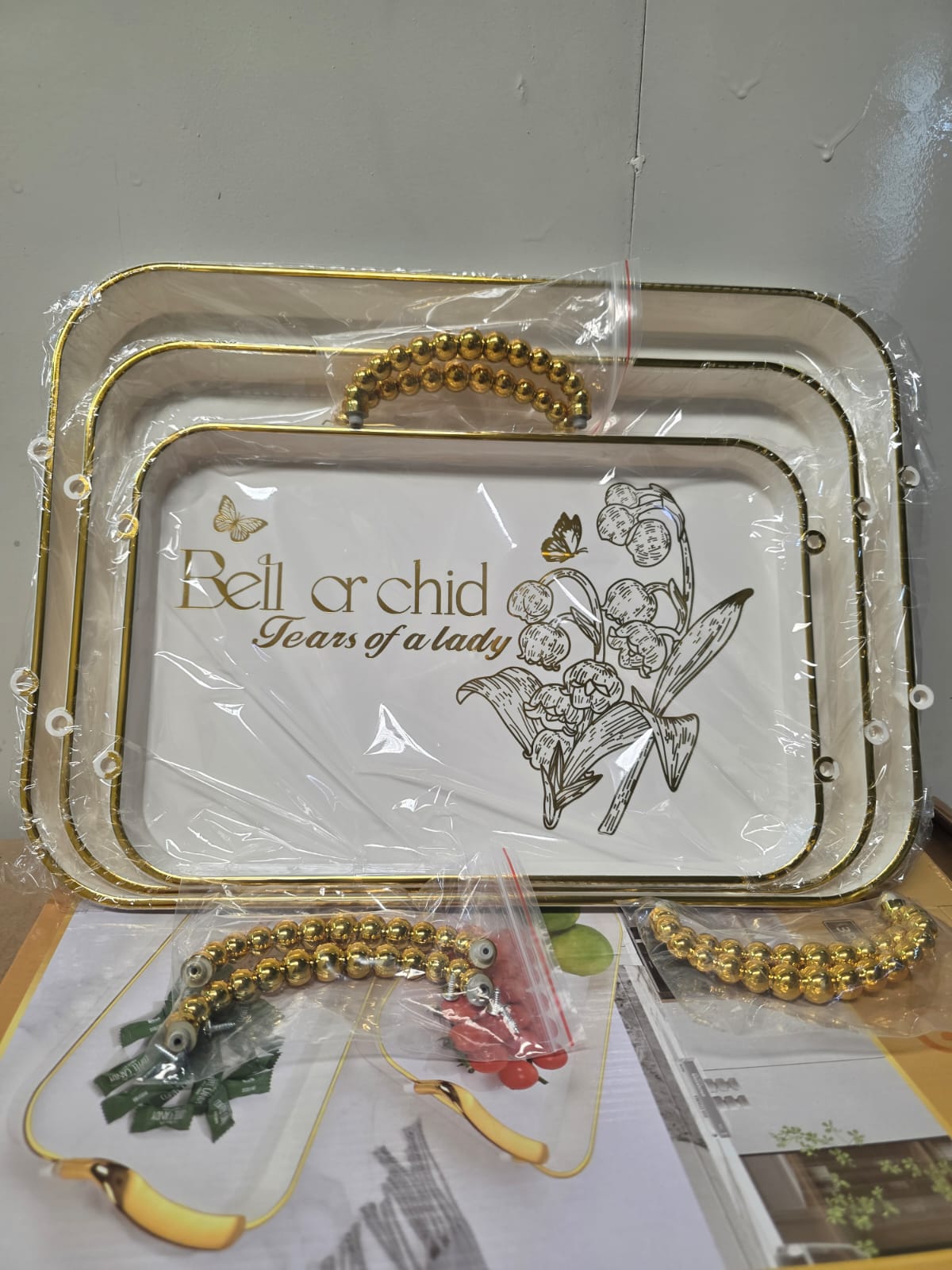 3 pcs acrylic tray Bell with golden Handles