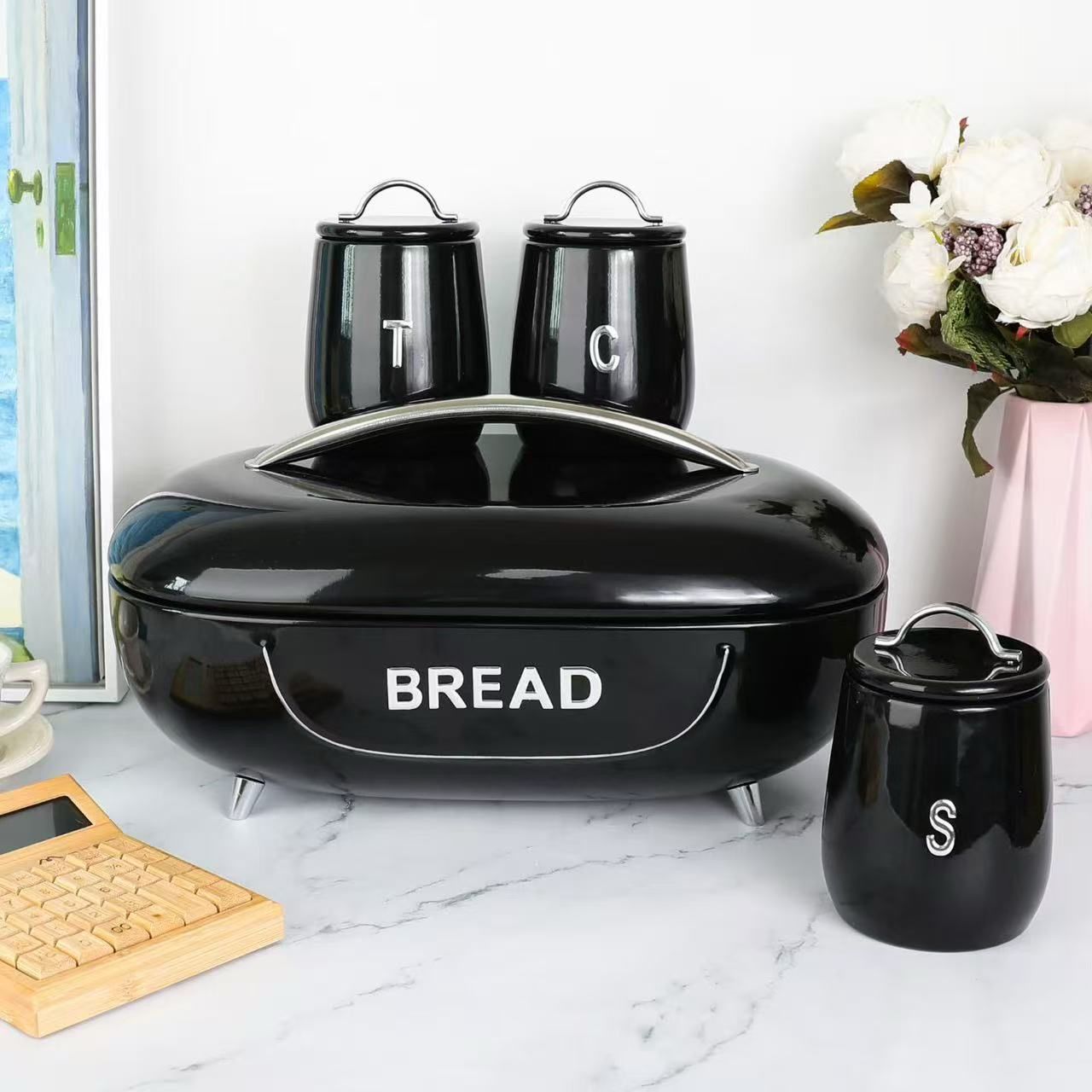 Unique and elegant bread storage bin with 3pcs canisters