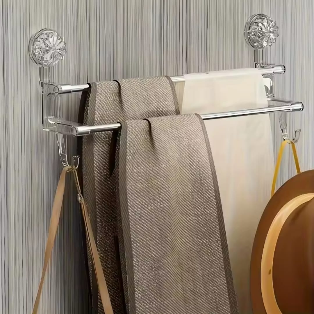Double pole suction towel holder with stainless steel rods