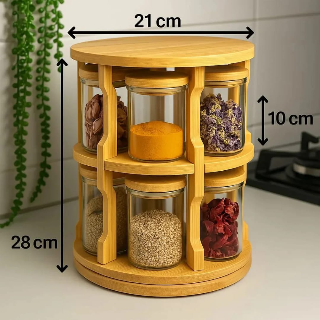 Rotating spice bamboo table rack with Jars