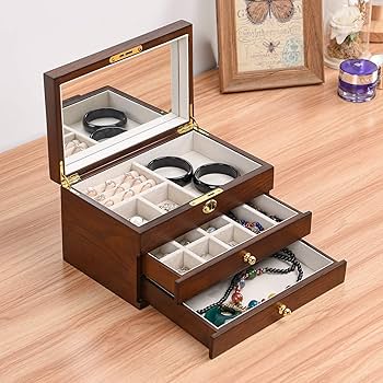 Multifunctional wood grain 3 layer jewelry box