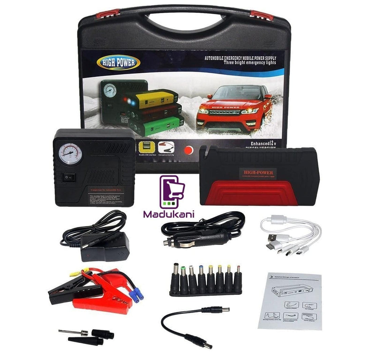 Car Jump Starter + Air Pump Kit. 4-in-1: jump start, tyre inflator, power bank, LED light. 12V. Includes carry case + all cables