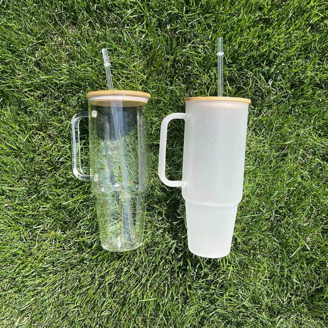 Borosilicate Bamboo Drinking Glass Cup/Tumbler with lid + Straw
