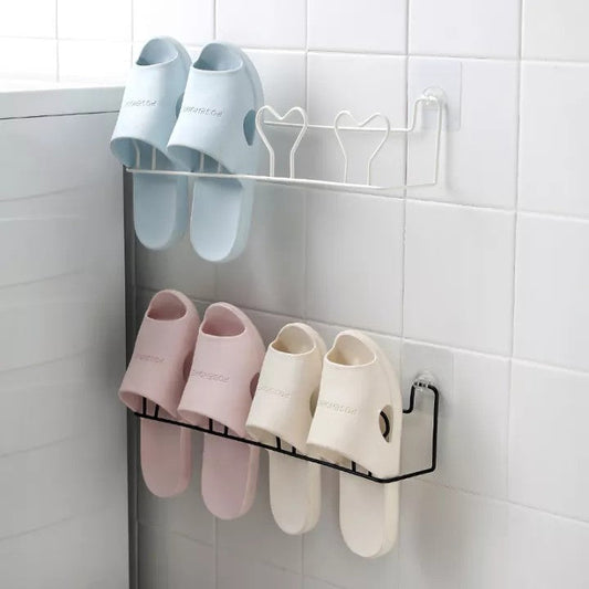 2 pair Slipper steel Rack( self adhesive) Wall-Mounted Punch-Free for Home Bathroom ,Door Rear etc Slippers Shoe Rack Hanger Nail-Free