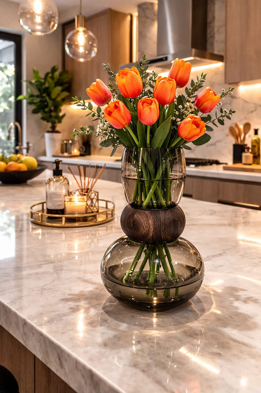 Nordic Modern creative dark glass vase With a Wooden Ring