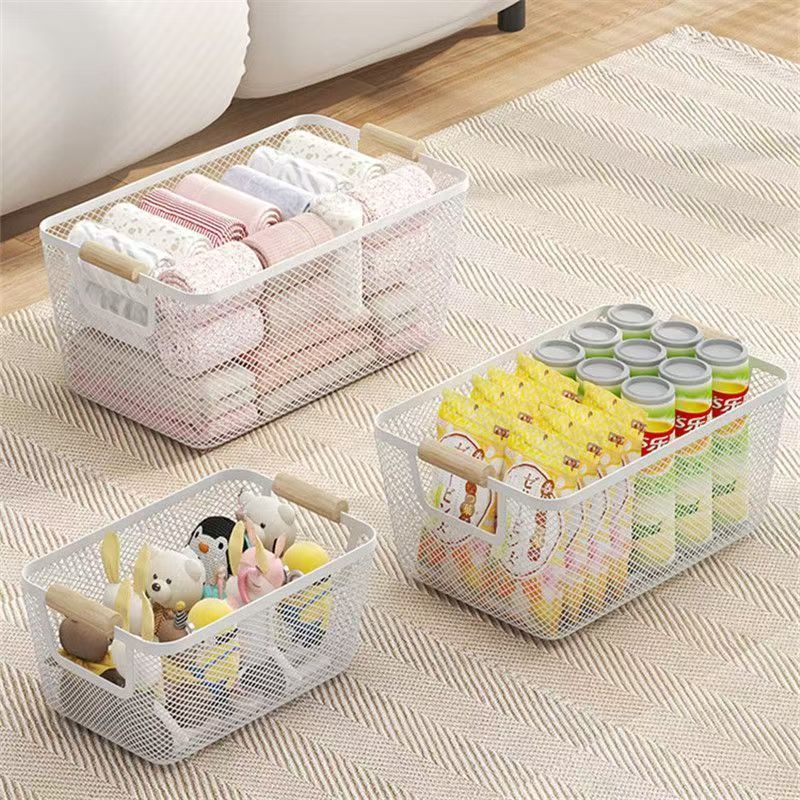 Mesh Plastic Storage Baskets with bamboo Handles