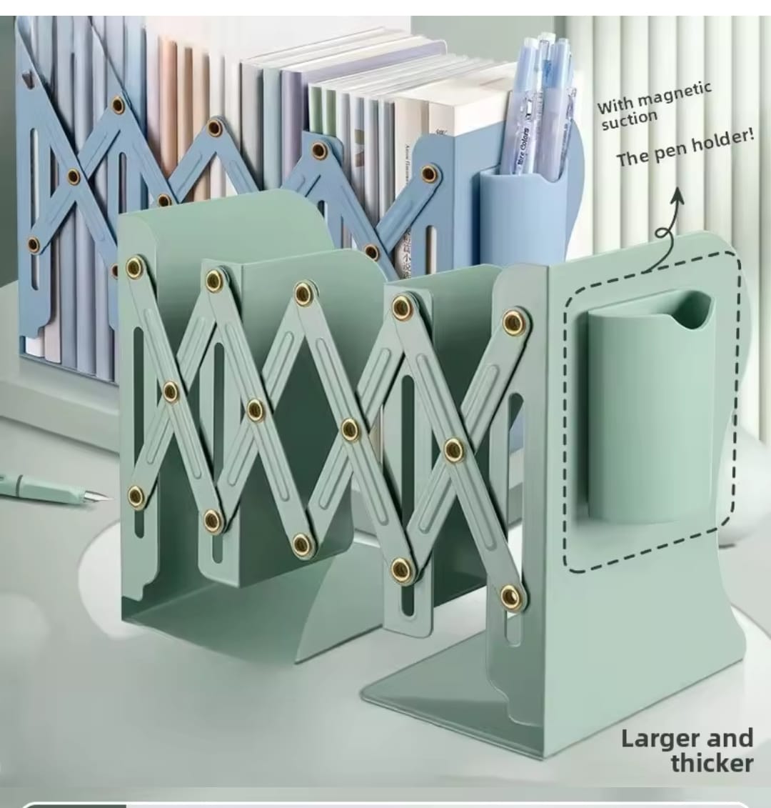 Expandable metallic bookshelf with pen holder