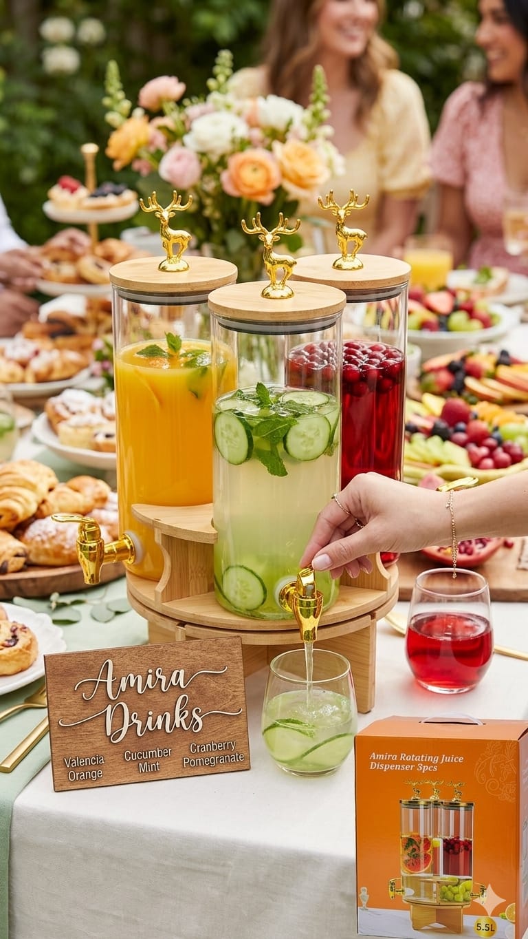 3cylinder Rotating Glass Beverage Dispenser Set with wooden Stand and golden 3 taps