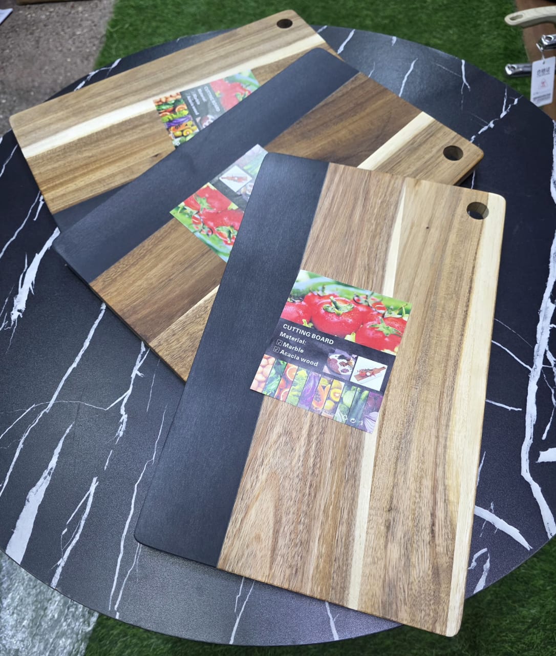 New Rectangular Acacia wood Cutting Board with Natural Marble Stiching