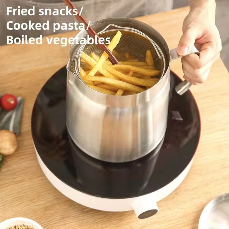 Stainless steel oil strainer pot with frying basket filter .