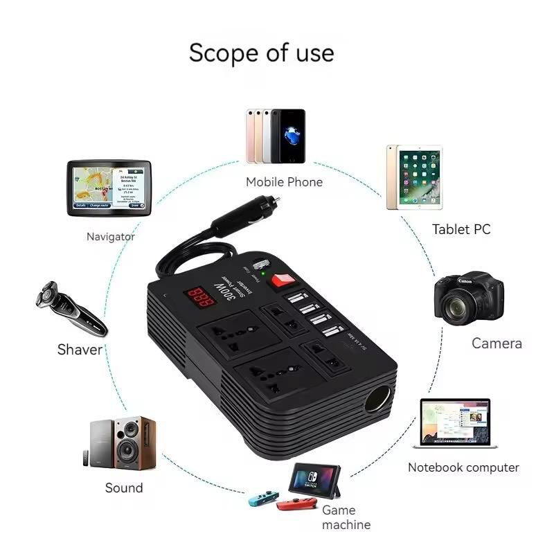 300W Car Inverter 12V 220V Modified Automobiles Inversor Converter 4 USB Socket Adapters Auto Charger Power Inverter