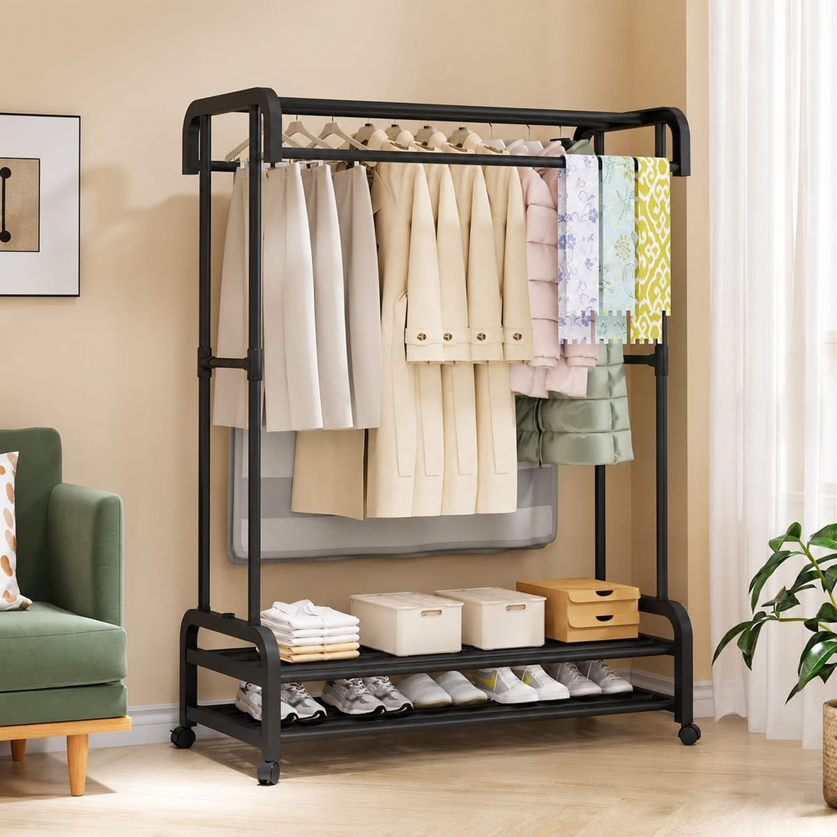 Double pole wheeled multifunctional clothes drying rack, with double layer shoe rack