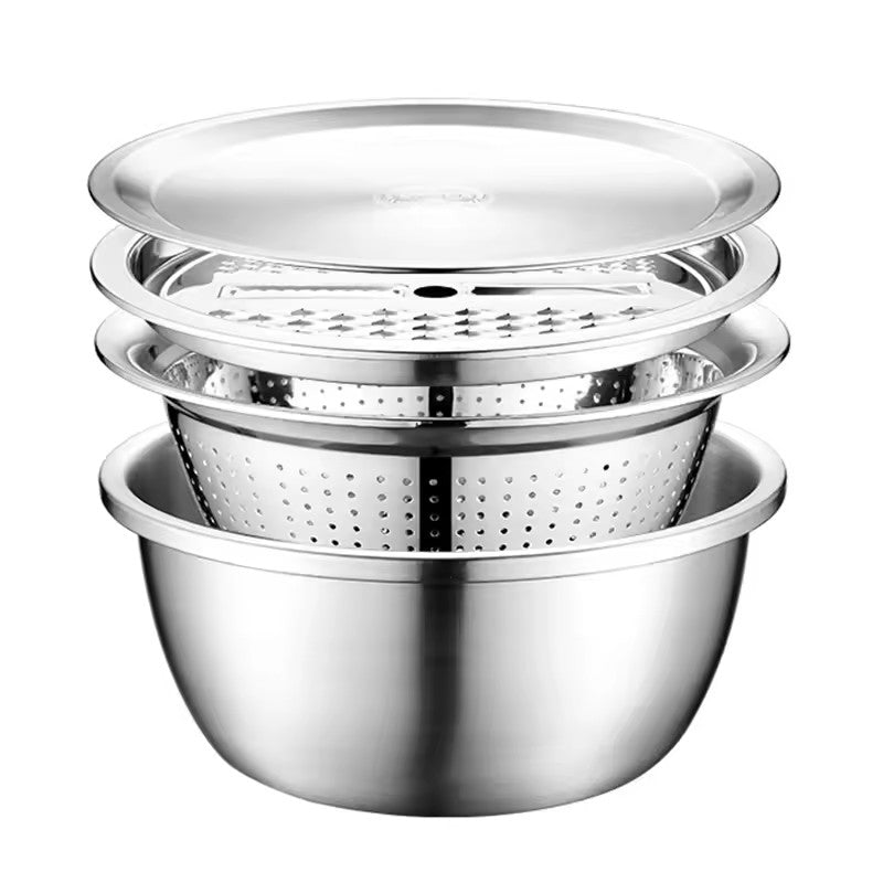 26cm 4PCS Set 304 colander Stainless Steel Bowl with Lid, Kitchen Cooking Salad Mixing Bowls Set Washing Drain Basket Soup Basin Strainer