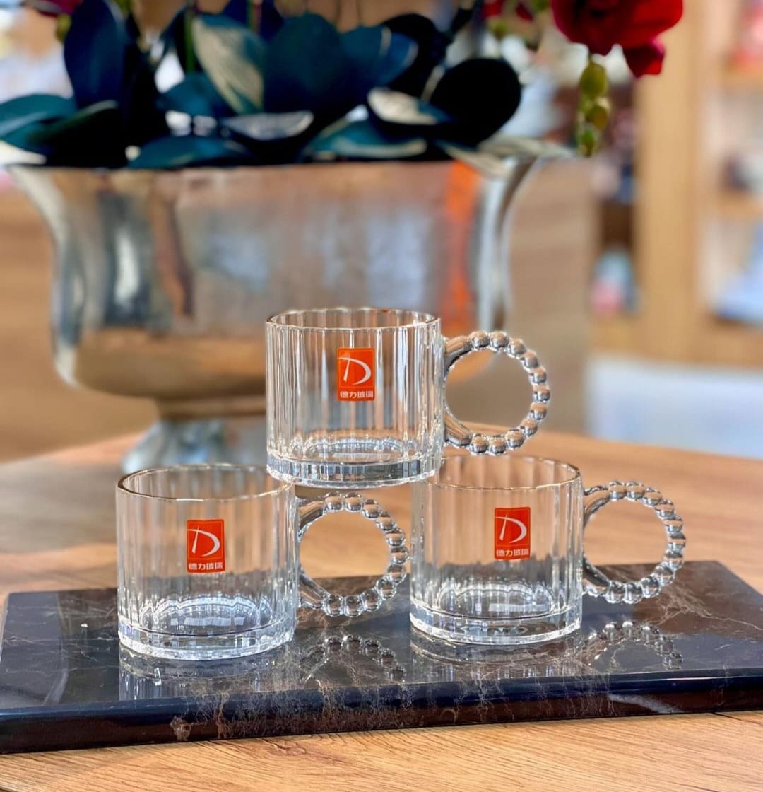 Embossed vintage transparent Glass / coffe mugs with Pearl handle