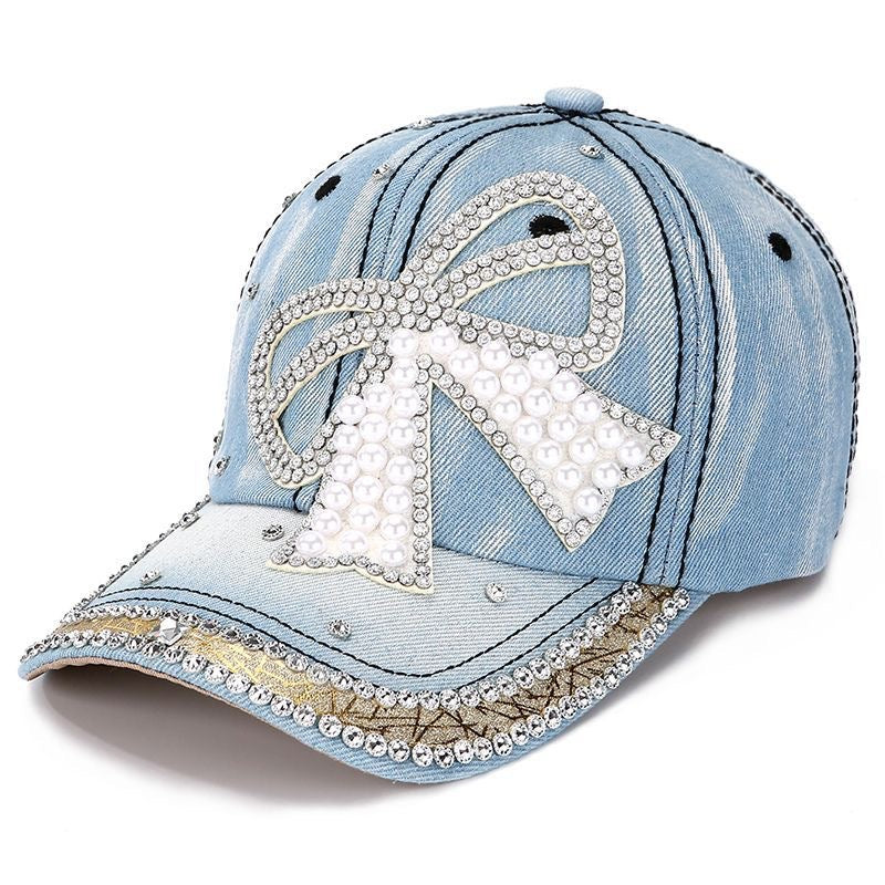 Bow pearl diamond denim baseball cap