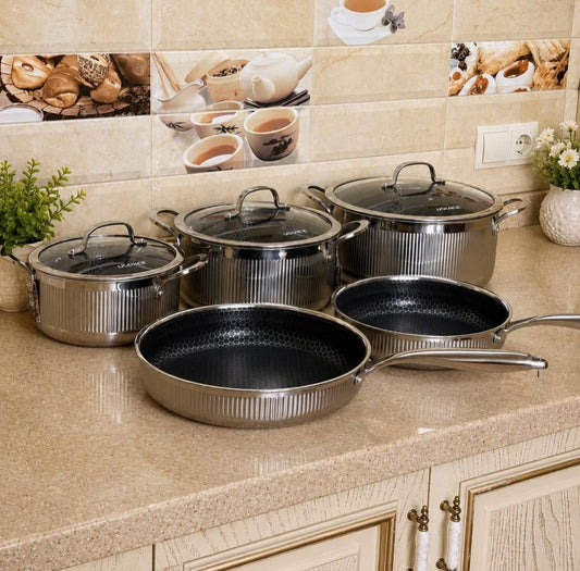 Premium High quality Tripply S/S Stainless steel cookware set with Ribbed Patterned design.