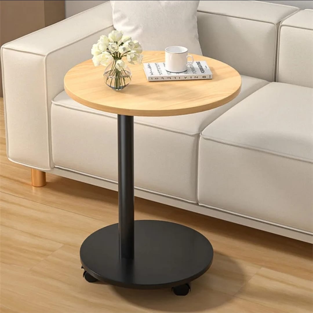 Round Wooden Coffee Side Table with Wheels