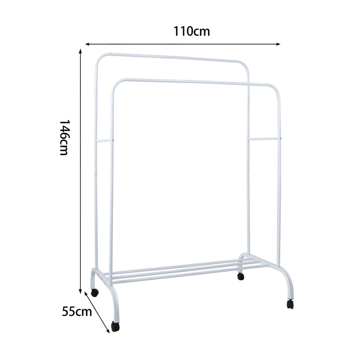 Double Pole Clothing Rack With Wheels & Lower Storage Shelf for Boxes /Shoes