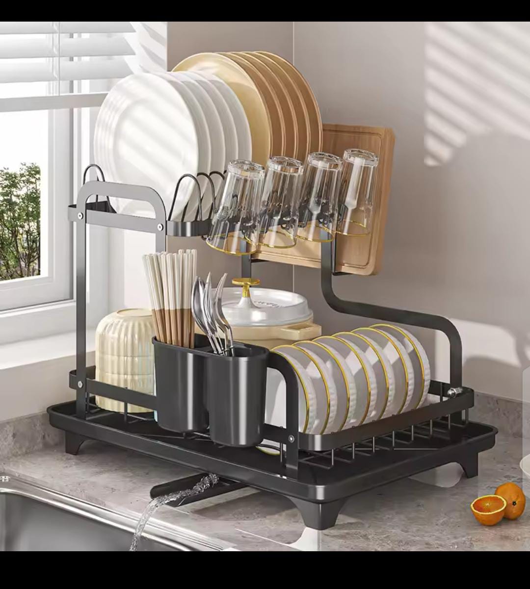 2 Tier Dish Drying Rack Kitchen Organizer Kitchen Countertop Drainer with Drainboard Cups Utensil Cutting Board Holder