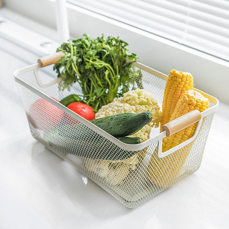 Mesh Plastic Storage Baskets with bamboo Handles