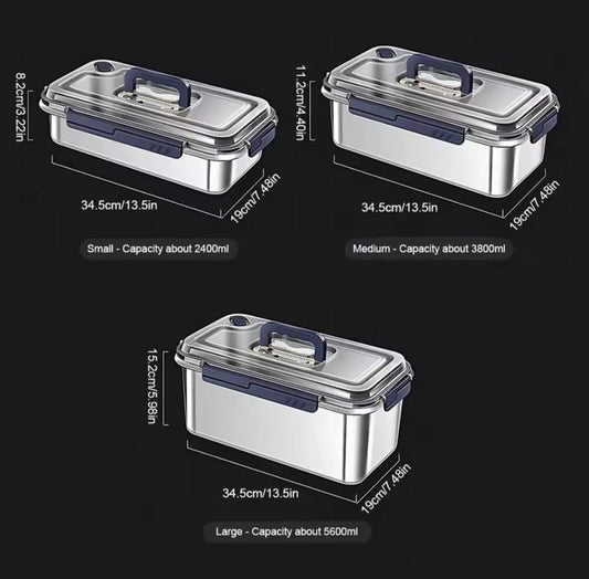 Food grade stainless steel large capacity leak proof kitchen storage container with date indicator.