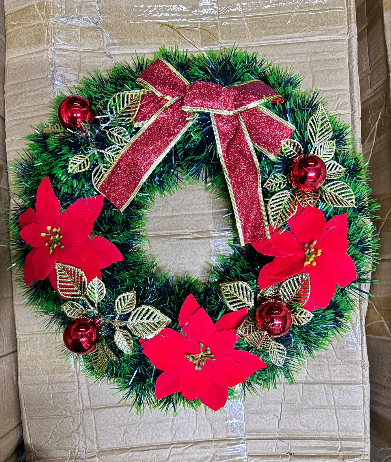 40CM Christmas Wreath for Front Door \ Window with pine artificial garland, Christmas red balls, red bow tie & flowers