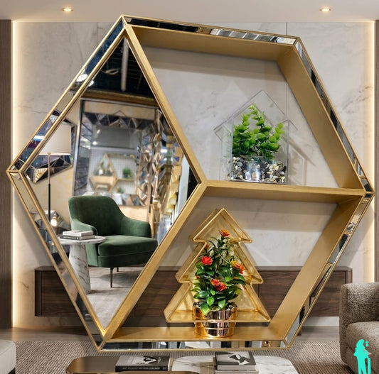 ✨ Luxury Gold Hexagon Wall Mirror with Display Shelves