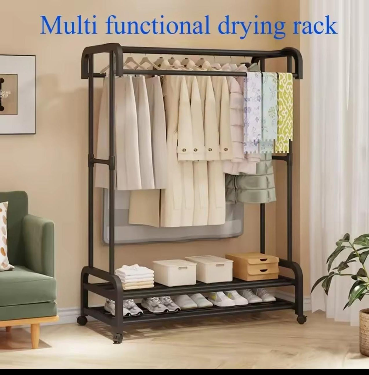 Double pole wheeled multifunctional clothes drying rack, with double layer shoe rack