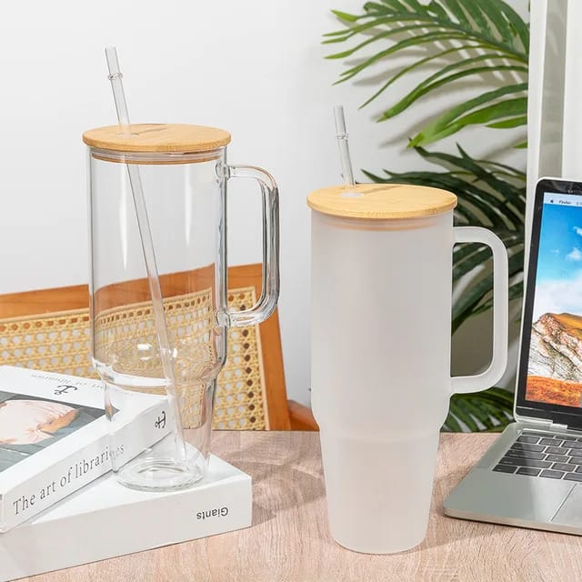 Borosilicate Bamboo Drinking Glass Cup/Tumbler with lid + Straw