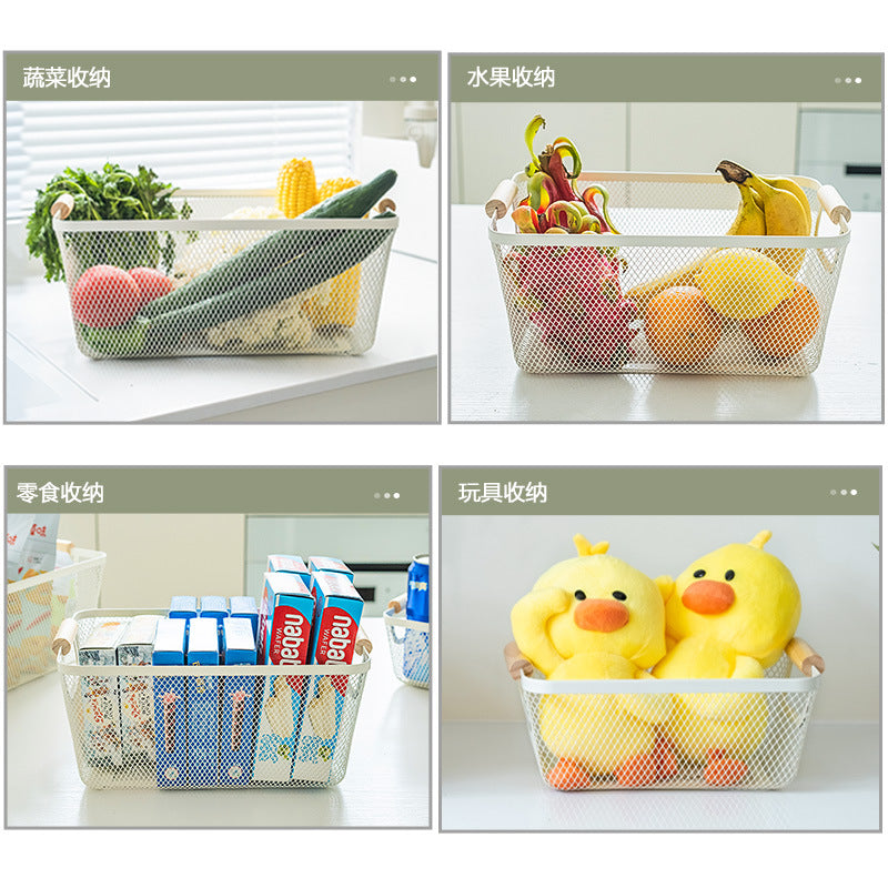 Mesh Plastic Storage Baskets with bamboo Handles