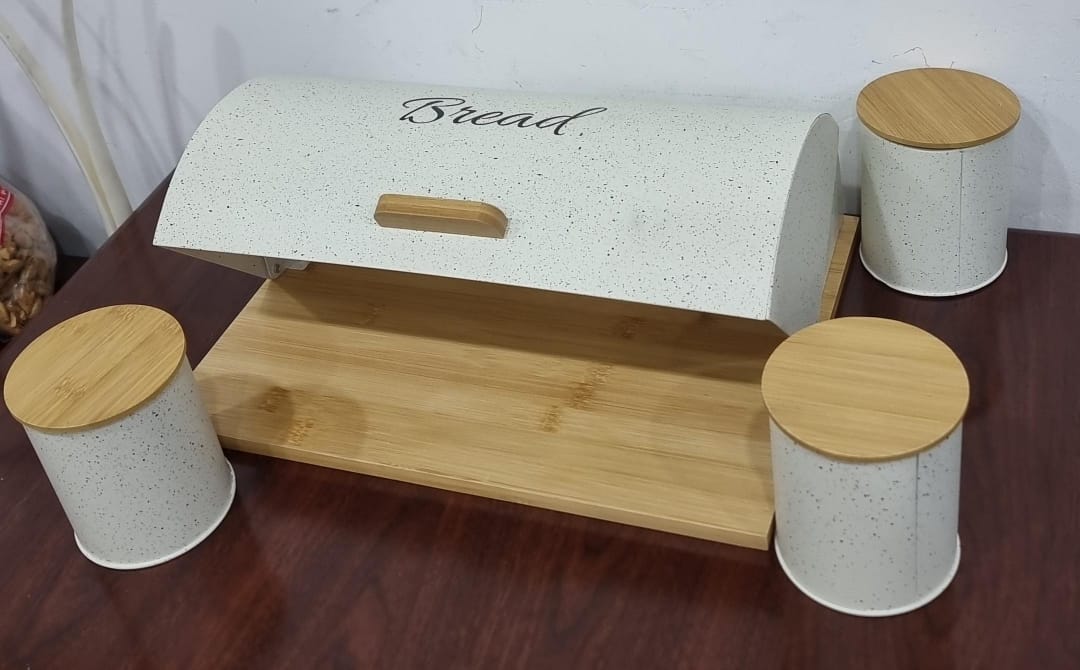 Bamboo base semi circular Flip bread bin 12L with 3 canisters each 600ml with bamboo lid