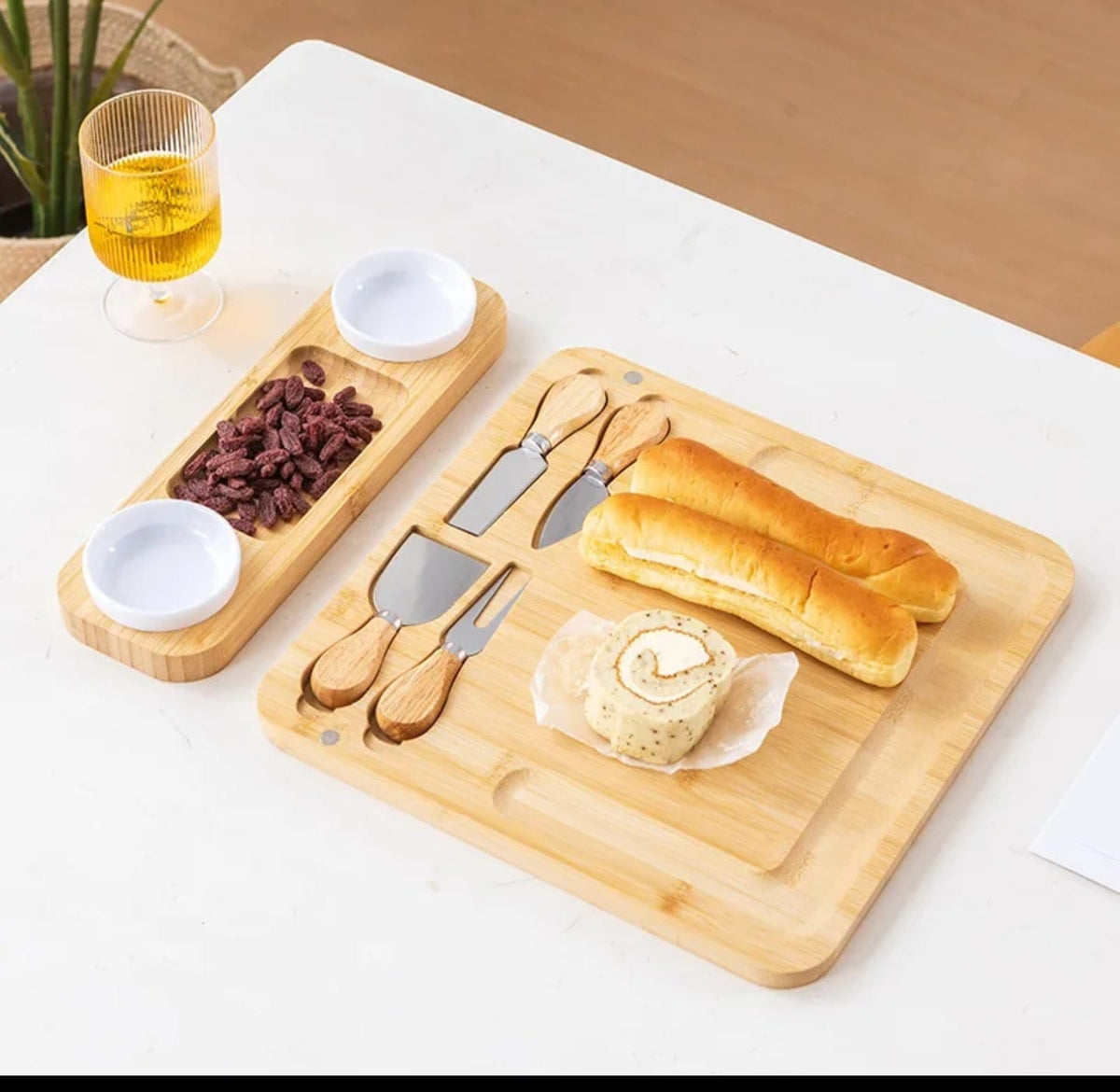 Bamboo Cheese Board & Cutlery set with 2 Ceramic Dips