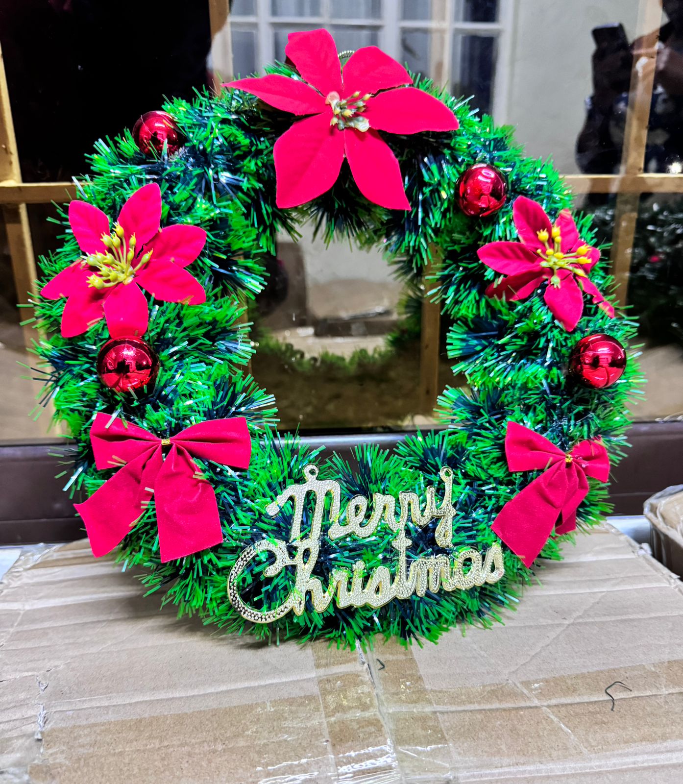 30CM Christmas Wreath for Front Door \ Window with pine artificial garland, Christmas red balls, red bow ties flowers & MERRY CHRISTMAS Word